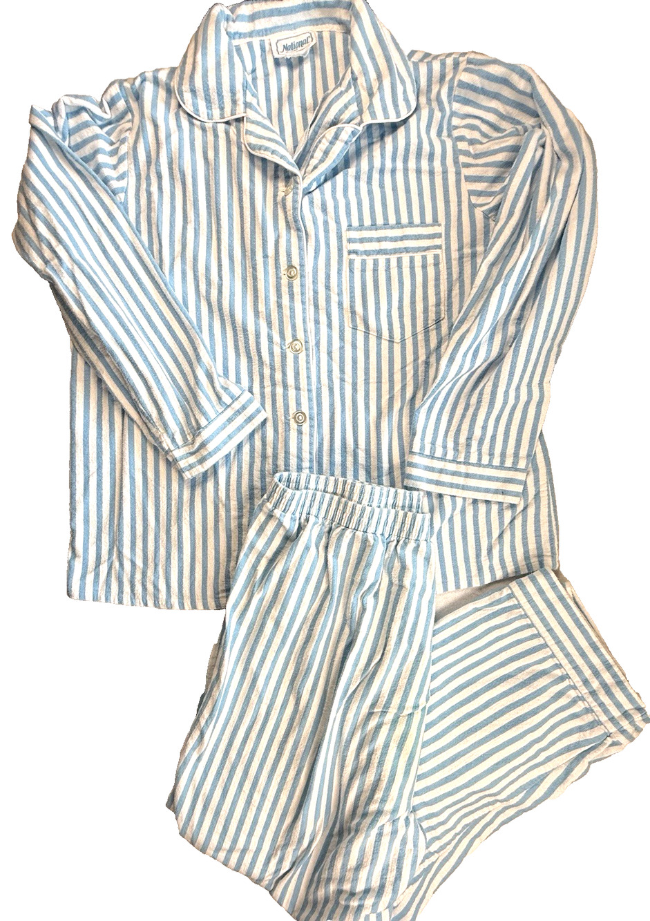 Vtg National blue white Striped Flannel Pajamas Large Cottagecore Grannycore